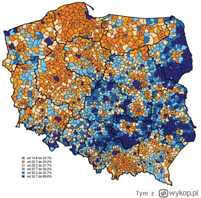 Tym - Poniżej mapa osób 65+ według gmin stan na 2019 r.