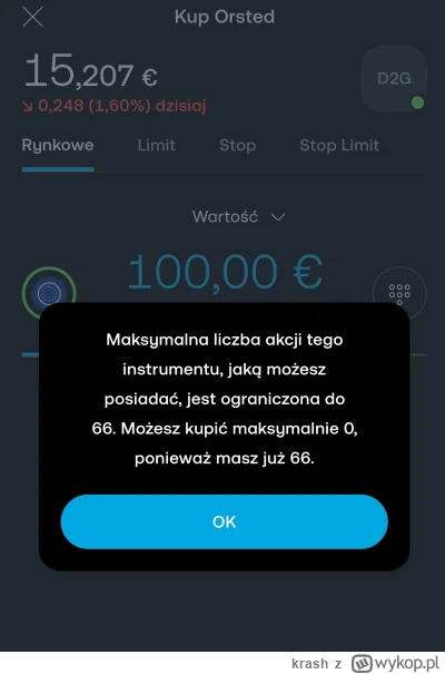 krash - Wie ktoś dlaczego nie mogę kupić więcej niż 66 akcji orsted? 
#gielda #orsted