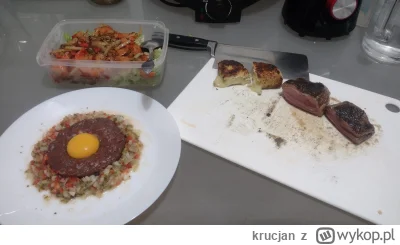 krucjan - Wczorajszy posiłek:
Stek z polędwicy, tatar z siekanej polędwicy wołowej, w...