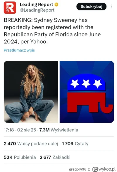 gregory96 - Oj Sydney Sweeney Republikanką?.na Redditcie po niej jqdą...ale ja nadal ...