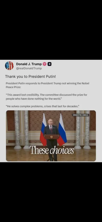 Jabby - Trump podziękował Putinowi za nazwanie pokojowej nagrody Nobla "zdyskredytowa...