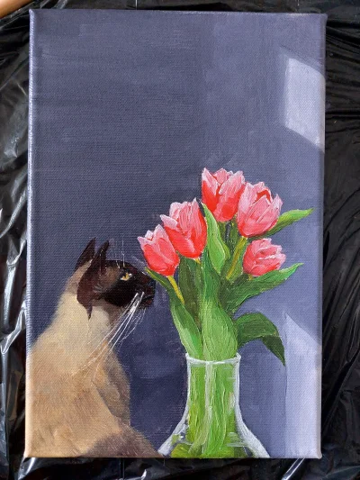 pistacjowa_chmurka - Syjamek + tulipany.
#malarstwo #tworczoscwlasna