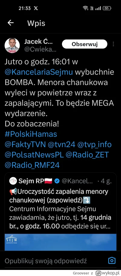 Grooveer - Typ związany z Konfederacją grozi zamachem terrorystycznym w Sejmie
#polit...