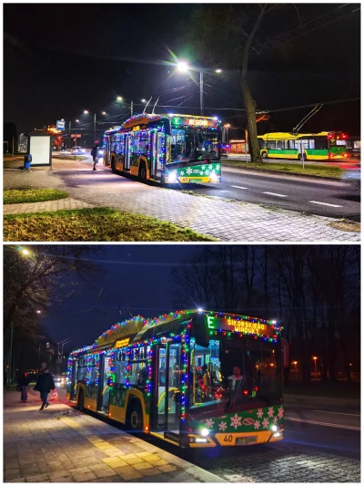 sylwke3100 - Tyski Trolejbus Świąteczny jako linia E.

Ozdobiony trolejbus Solaris Tr...