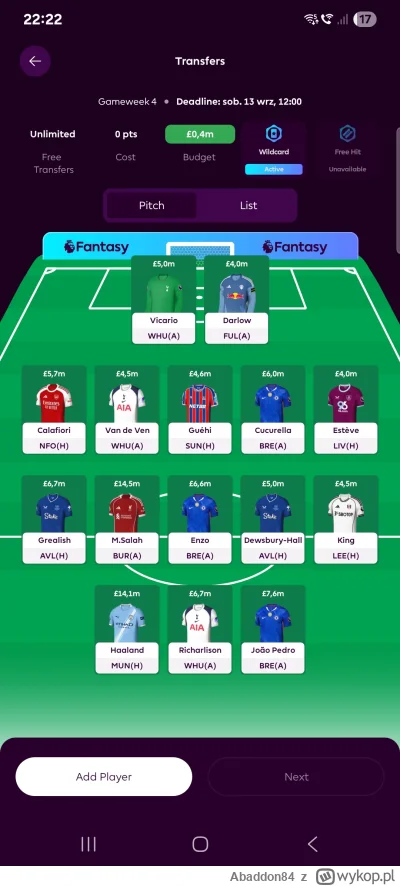 Abaddon84 - #fpl
Niestety wjechał wild card. Co myślicie?