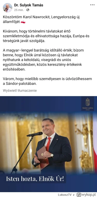 LukaszTV - Prezydent Węgier:
Witamy Karola Nawrocka, nową głowę państwa Polski 🇵🇱
Ż...