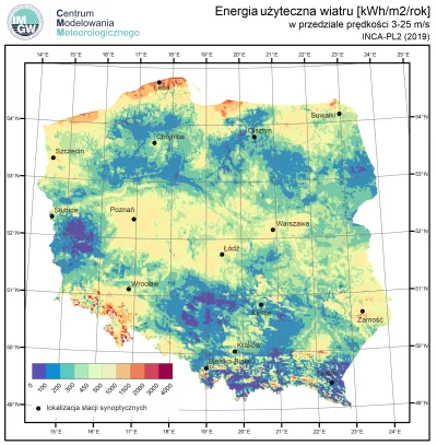 Lifelike - Średnia roczna suma energii wiatrowej [kWh/m2/rok] na poziomie 10 m n.p.g ...