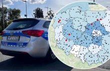 Policyjna mapa wypadków drogowych "Wakacje 2023". Kropka oznacza śmierć