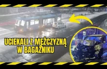 Porwanie, pościg i zderzenie z tramwajem. Jedna osoba była w bagażniku.