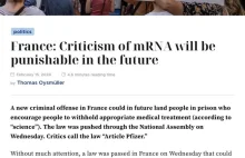 Francja przyjęła wczoraj ustawę uznającą krytykę zastrzyków mRNA za przestępstwo