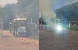 Mnóstwo dymu na pętli tramwajowej MPK we Wrocławiu. Pali się pantograf i fragmen