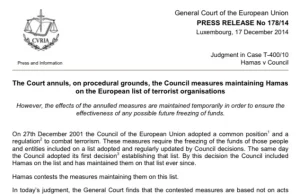 17 XII 2014r Unia Europejska usunęła Hamas z listy organizacji terrorystycznych.