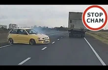 BMW wyprzedza na czołówkę, a kierujący Seatem, wpada w poślizg