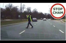 Policjant wbiega przed samochody na 3 pasmowej jezdni - kontrola drogowa w Łodzi