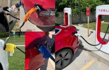 Tesla Supercharger - przyspieszenie ładowania mokrą szmatą na wtyczce xD