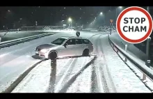 Wyprzedzanie i poślizg BMW na zaśnieżonej drodze