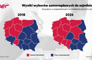 Mapy z 2018 i 2024 pokazują problem Kaczyńskiego