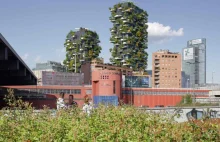 Bosco Verticale w Mediolanie z zielonymi dachami. Drzewa porastają wieżowce