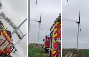 Grodziec. Pożar gondoli turbiny wiatrowej. Na miejscu służby.