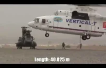 Gigantyczny helikopter Mi-26 podrywa i przewozi Boeinga CH-47 Chinook