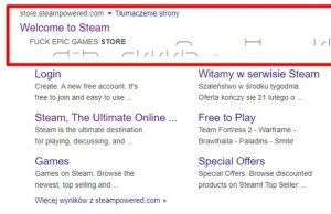 "FUCK EPIC GAMES STORE" w opisie Steam na Google!