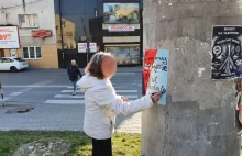 Starsza kobieta niszczy plakaty wyborcze PO w Dębicy