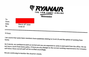 Firma Ryanair naraża świadomie pracowników na zarażenie ich koronawirusem