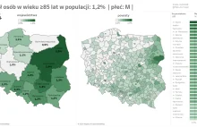 Struktura wieku w Polsce - ≥ 65, 75, 85 lat - płeć, województwa, powiaty - mapy