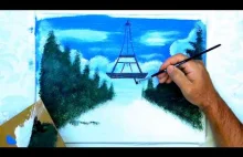 Making Landscape Painting and the Eiffel Tower! Canvas Work with Acrylic...