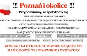 Poznaniacy organizują protest społeczny na placu Wolności 1 maja 2020.