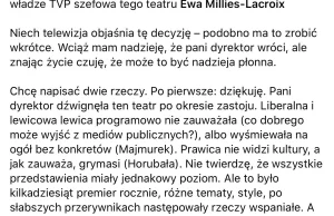 Dobra zmiana zawiesiła właśnie szefową Teatru Telewizji Ewę Millies-Lacroix.