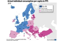 Mapa dobrobytu w Unii Europejskiej. Polska na 19. pozycji razem z Rumunią.