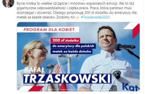 Trzaskowski chce dać 200 zł do emerytury, na każde dziecko, dla matek