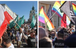 Dwie manifestacje na Krakowskim Przedmieściu. Narodowcy spalili tęczową flagę