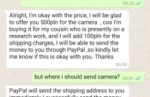 Przykład próby scamu z olx przy użyciu Whatsapp i PayPal.