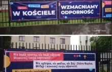 Koronawirus. Katowice. Kontrowersyjne banery na płocie kościoła