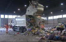 Rząd kolorowych pojemników do recyklingu i jedna śmieciarka