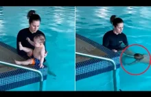 Mother releases her baby into a deep pool and he has an unusual reaction