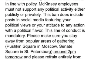 Oddział McKinsey w Moskwie zabrania pracownikom posiadania poglądów politycznych