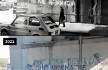 Partyjny bełkot to nie informacja 1981 - 2021 napis znów na ścianie w Poznaniu