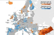 Mapa rozkładu populacji młodszych i starszych w regionach w Europie