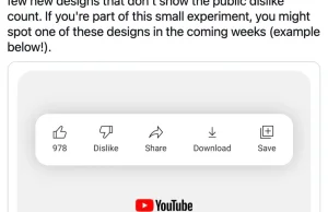 YouTube zaczyna ukrywać licznik przycisku "Dislike"