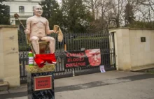 In Prague, a figure of a naked Putin on a golden toilet was placed in...