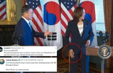 Kamala Harris wipes her hand after meeting South Korean president