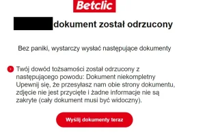 Betclic żąda przesłania PEŁNEGO skanu dowodu i to dwóch stron do weryfikacji