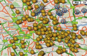 Mapa uderzeń rakiet V2 na Londyn oraz pozostałe miejsca w UK.