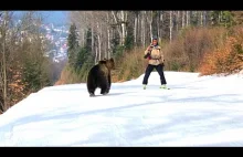 Skiing with the bear on the slope