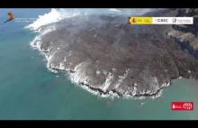 Widok z drona na erupcje wulkanu na wyspie La Palma.