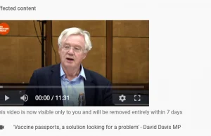 YouTube usunął przemowę posła Davida Davisa przeciwko paszportom covidowym.