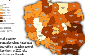 Odsetek uczniów chodzących na religię w 2020 r.